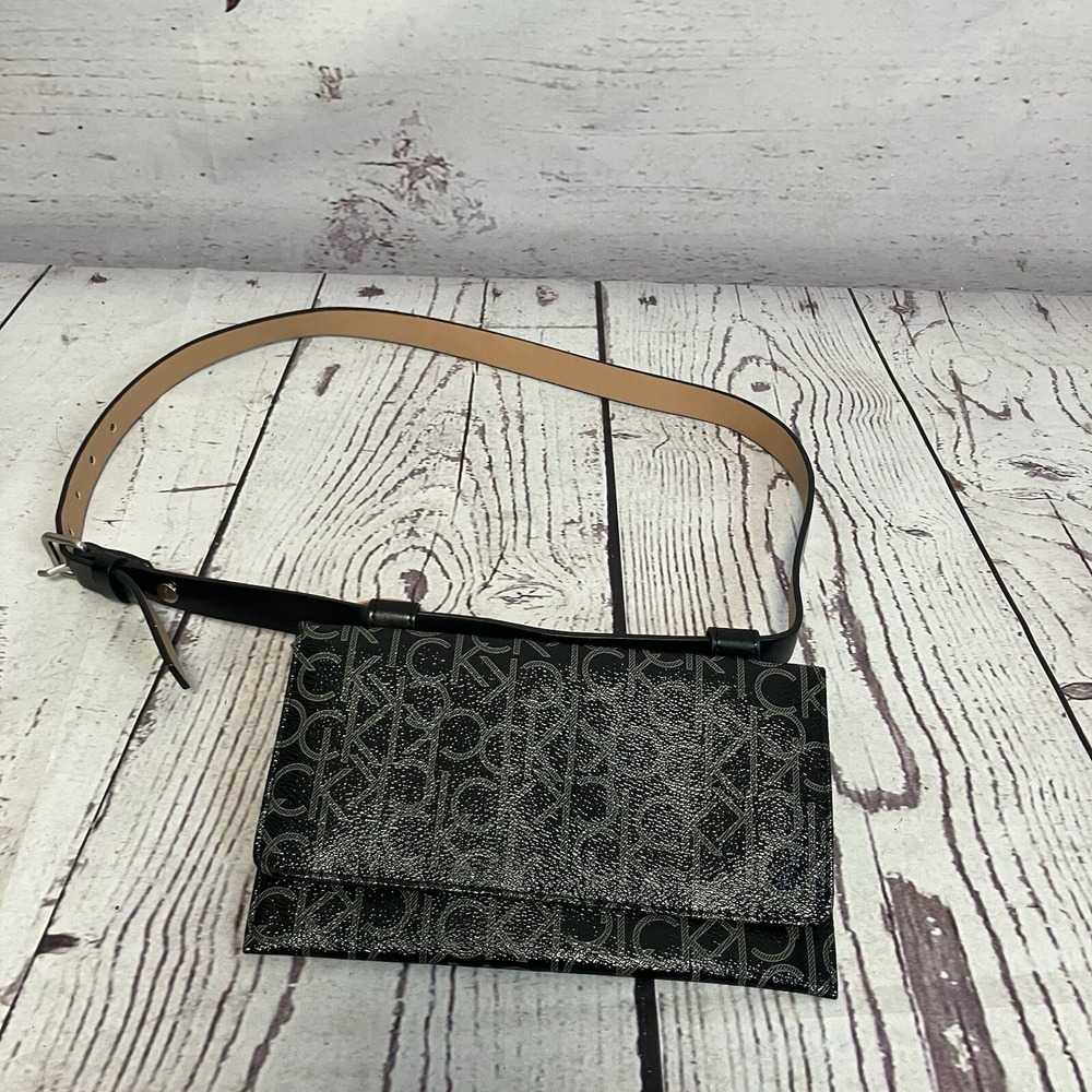 Calvin Klein CK Monogram Belt Bag Black Gray Faux Leather Waist Purse 8.5"